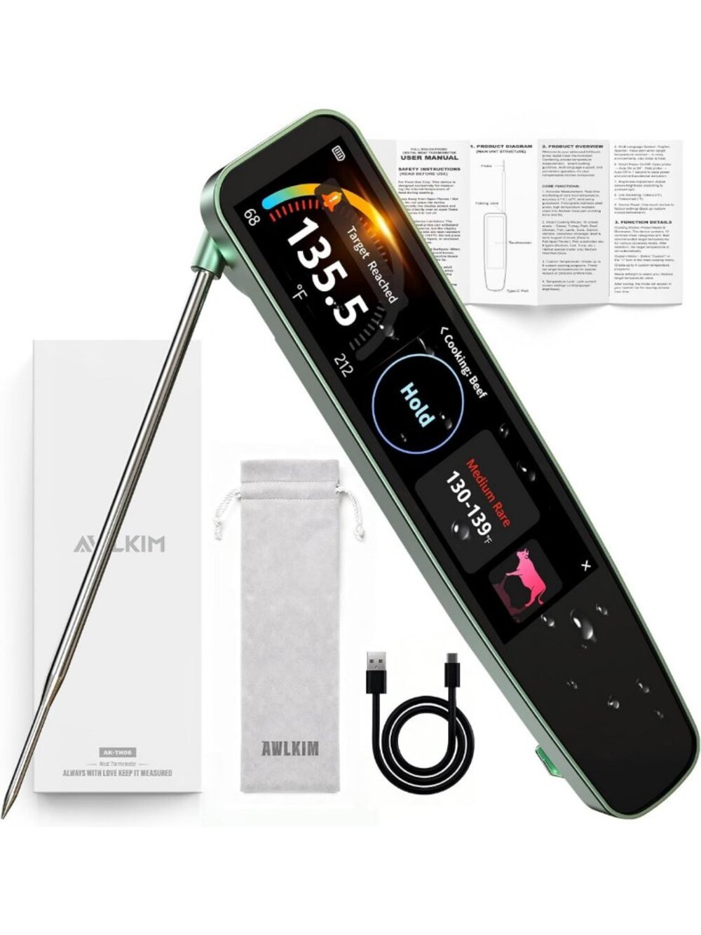Instant Read Meat Thermometer, 0.5s Fast Reading, 3.8" Touchscreen, Waterproof